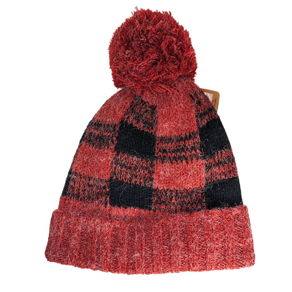 C.C. NWT Fleece Lined Red Plaid Fuzzy Ball Winter Hat Beanie - Picture 2 of 8